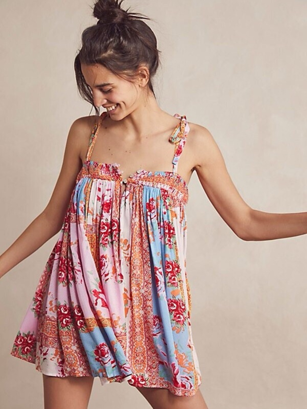 New Free People Rule The World Smocked Floral Patchwork Romper XS - Bright Combo